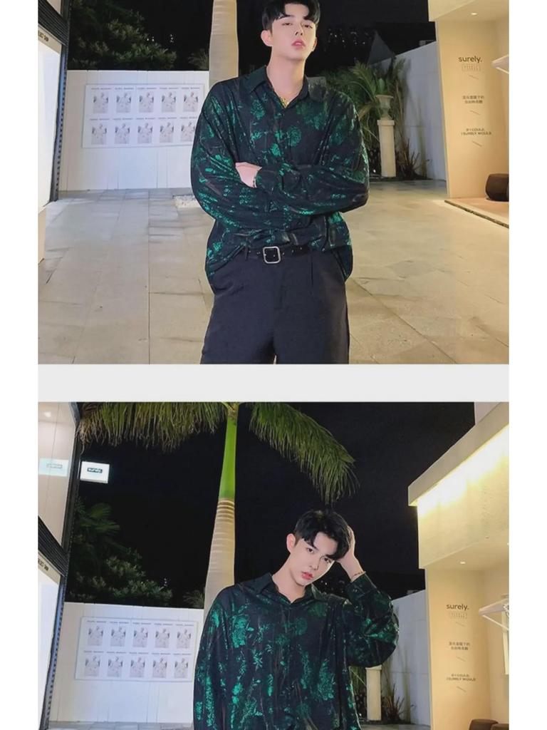 Men's Retro Rose Print Loose Western-Style Shiny Shirt for Trendy Hairdressers