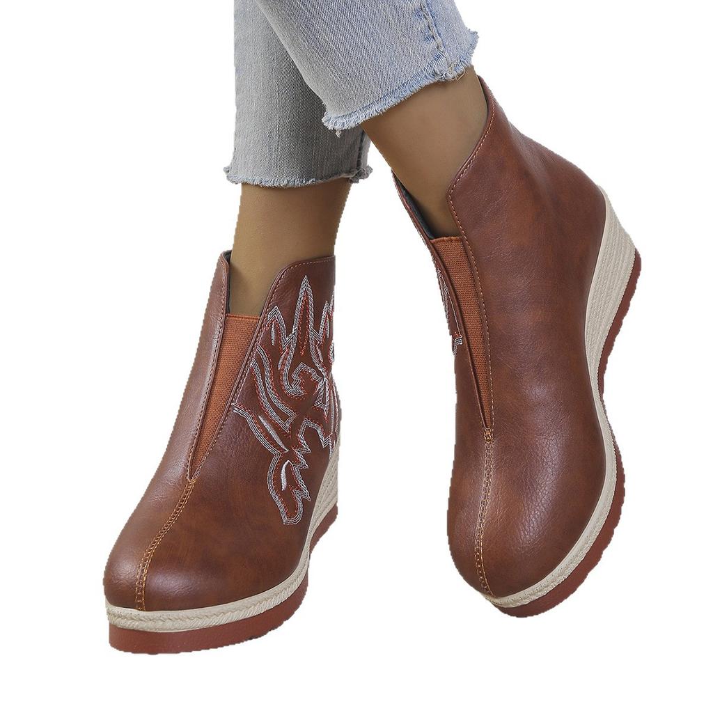 Модные вышитые ретро ботильоны на толстой подошве для женщин на осень 2025 года, остроносые модные ботильоны на танкетке большого размера