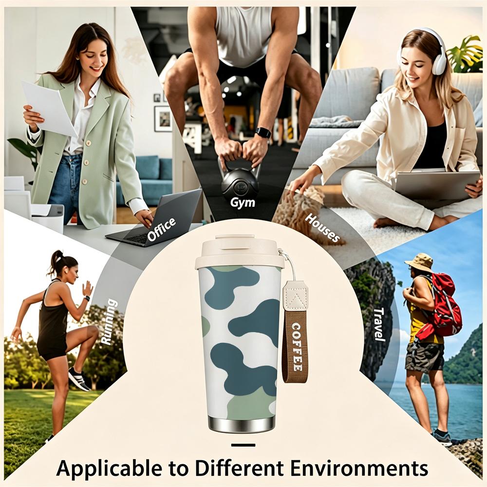 Abstract Blue and Green Camouflage Pattern Insulated Coffee Tumbler Vacuum Thermal Cup for Hot Cold Drinks Office Commute Outdoor