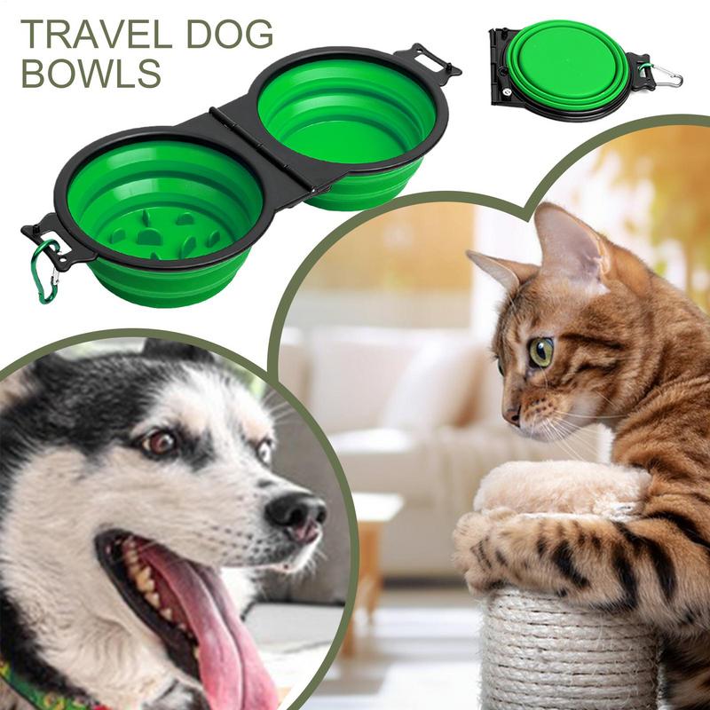 Складная двойная миска для собак, дорожная миска для воды и еды для собак, медленная кормушка для домашних животных, поилка для воды с зажимными фиксаторами для прогулок, походов, кемпинга