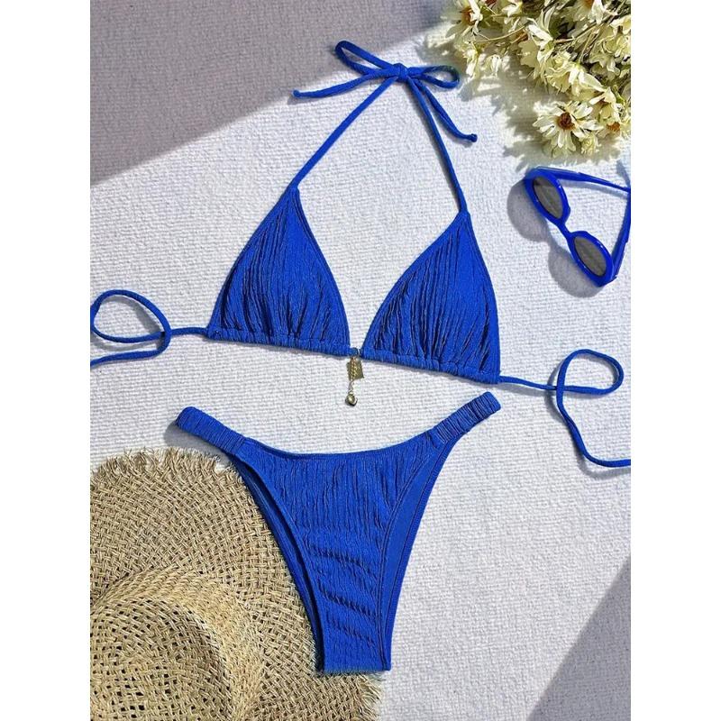 Розовый текстурированный треугольный бикини-комплект с подвеской, стринги, купальник из двух частей