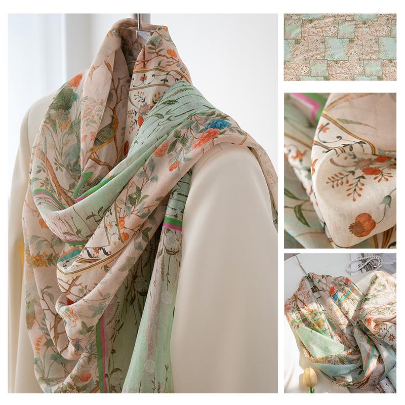 Длинные полосы шелкового шарфа  Высококлассный шарф из тутового шелка  Женский свежий маленький цветочный тонкий стиль  Атмосфера  Большая шаль