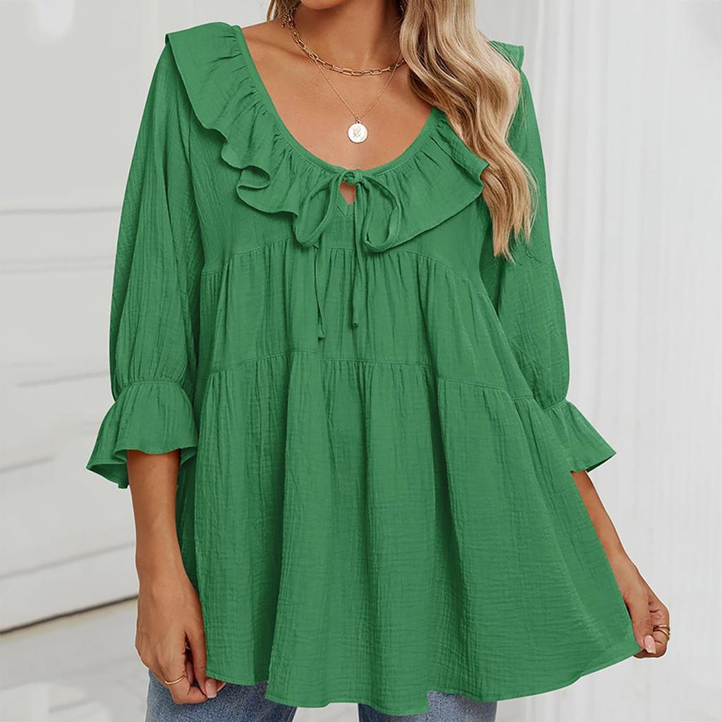 Женская туника-рубашка с круглым вырезом, завязками спереди, складками, декорированная, многослойная, свободная, с рукавами-семью точками