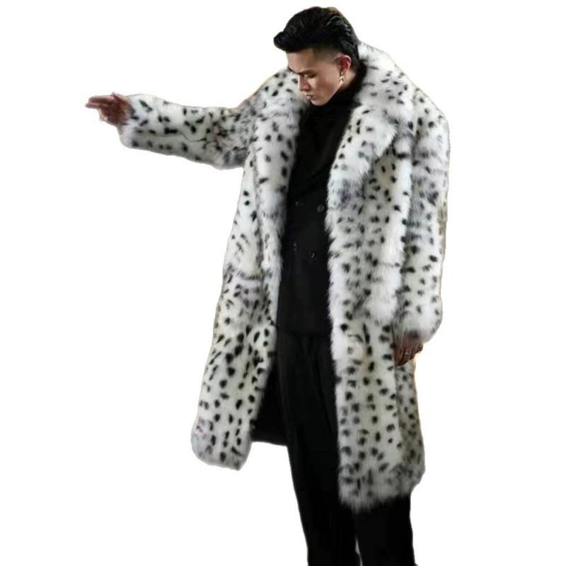 Mens White Leopard Print Faux Fur Long Coat Street Style Winter Outerwear