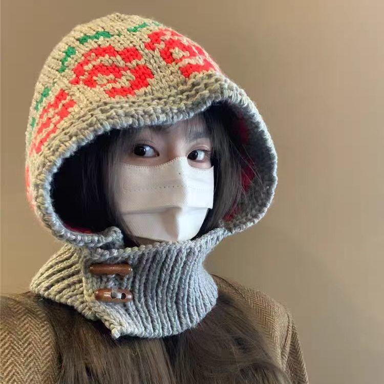 Вязаная балаклава с цветами в корейском стиле для женщин, зимняя теплая шерстяная шапка, грелка для шеи, защита ушей, интегрированная шапка-бини