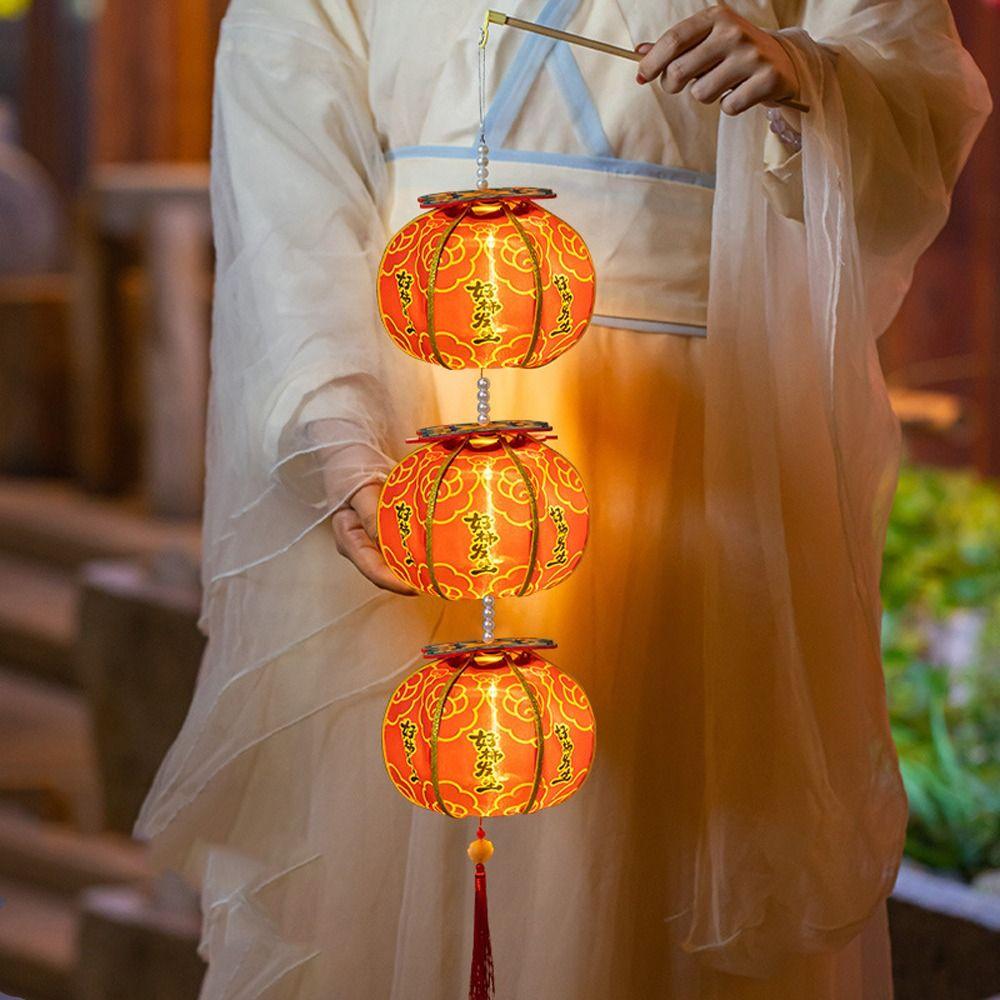Ancient New Year Persimmon Lantern Handmade with Tassel Handheld Lantern 2026 Horse Year Cloth Luminous Lantern Party Decoration