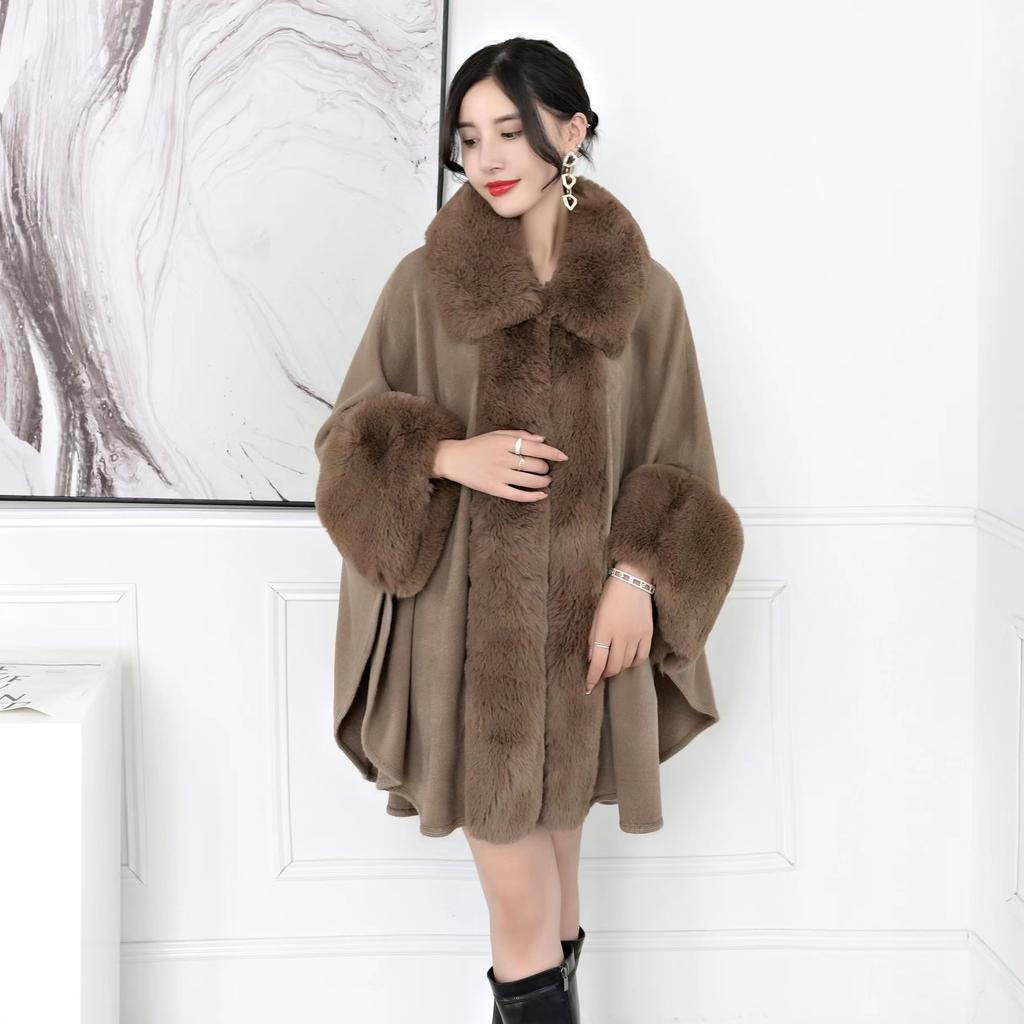 Autumn and Winter Women's Hair Collar Shawl Cape Large Size Knitted Cardigan Loose Jacket