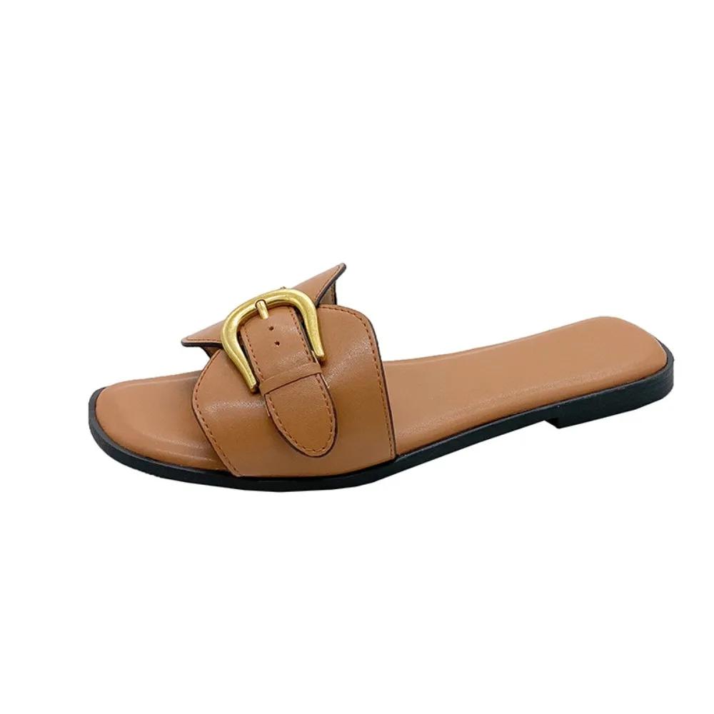 Summer Women Slippers Leather Square Toe Women Flats Flip Flops Designer Ladies Slides Sandals Women Shoes Luxury Sandals