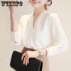 Elegant Women Shirt Korean Blouse Office Long Sleeve White V Neck Tops Casual Vintage Pullovers