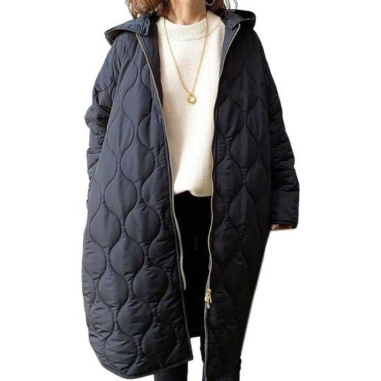 Women's Down Coats - Winter Women Jacket Hooded Mid Length Coat Loose Rhombus Texture Thin Padded Zip Up Long Sleeves For Work School Daily Fall