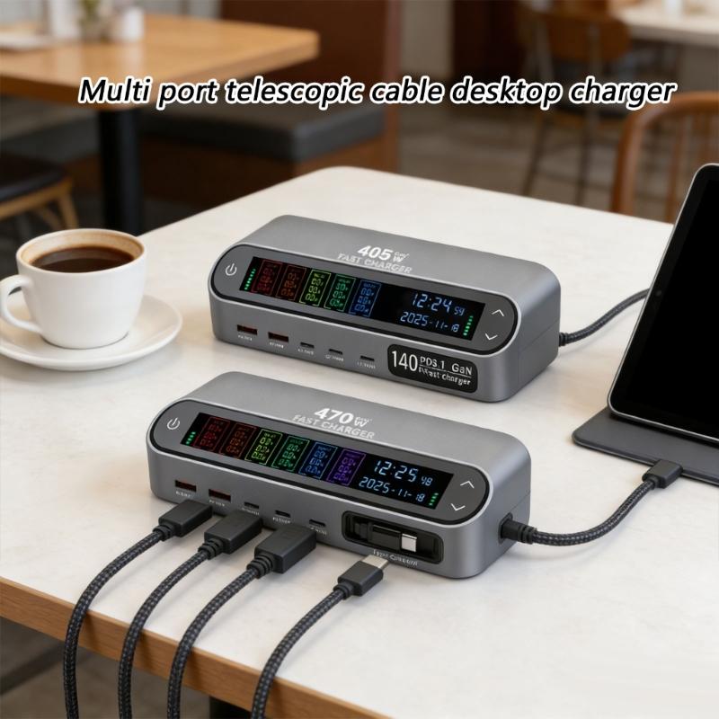 405W/470W Desktop Charging Dock With Full Color Digital Display And Retractable Type C Cable For Laptop Phone Tablets