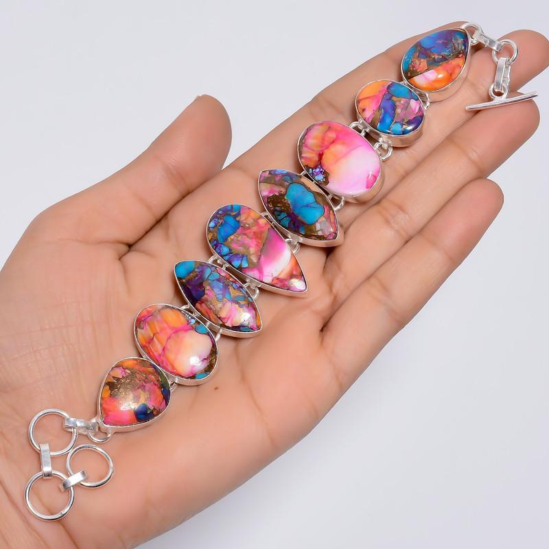 Gorgeous Top Grade Qualite 100% Natural Oyster Turquoise Ethnic Style Handmade Jewelry 925 Steling Silver Plated Bracelet 7-9" WSJ-5149