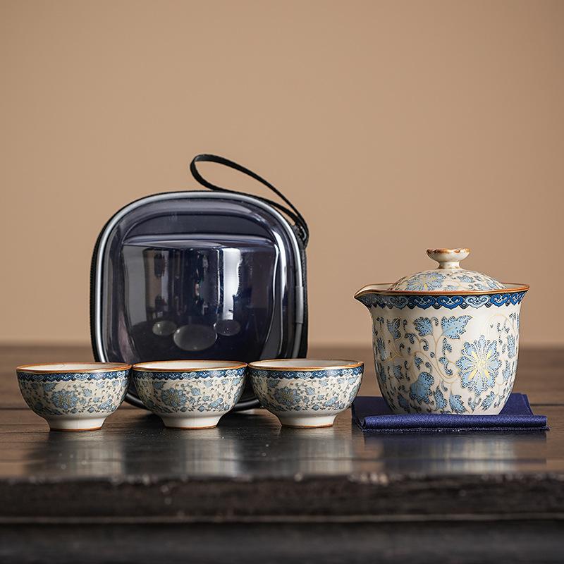 Blue and white Ru Kiln Kuaike Cup Wrapped Lotus One Pot Three Cups Travel Tea Set Portable Bag Outdoor Kung Fu Ceramics