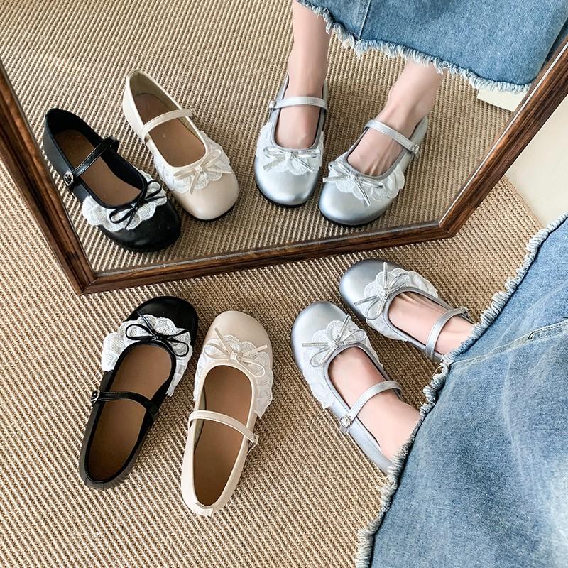 Модная одиночная обувь 2025 Новая весна и осень Мэри Флэт Винтажная с одним бантом Кружевная французская обувь