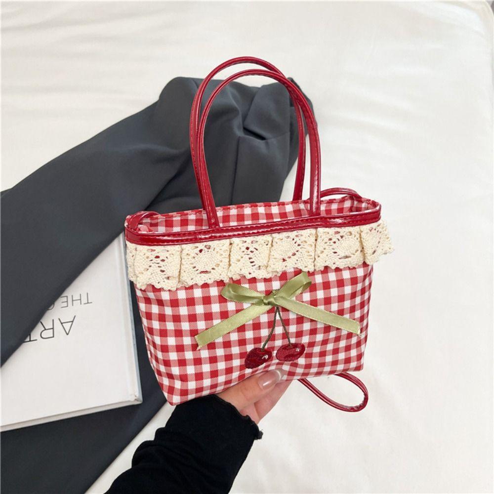 Lovely Lace Plaid Handbag Polka Dot Sweet Crossbody Bag Retro Lattice Cherry Handbag  Travel