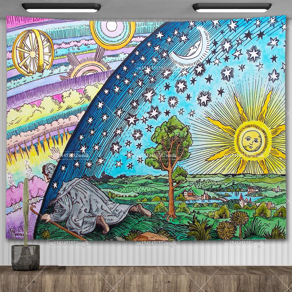 Фламмарион Гравюра Ксилография Гобелен Эстетика Хиппи Солнце Луна Таро Гобелены Украшение Дома Живопись Маслом Одеяла для Дивана