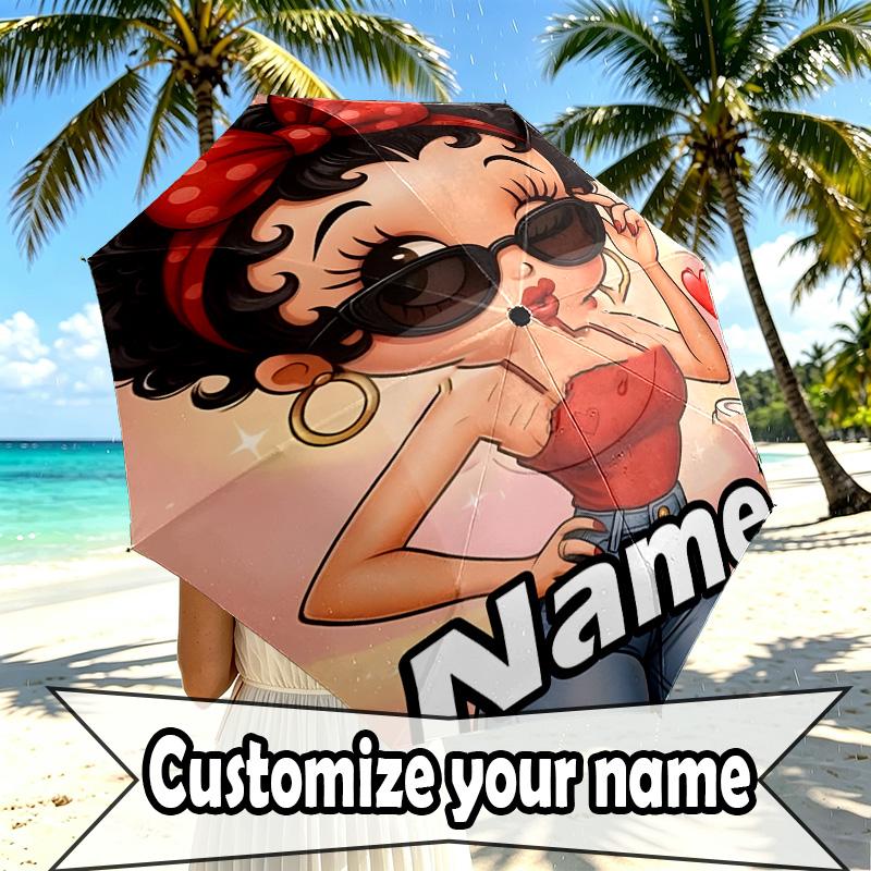 Custom Name Personalized Betty Boop Print Umbrella, Auto Open Close, 8‑Rib Sturdy Frame, Commute Camping Hiking Use, Birthday Gift