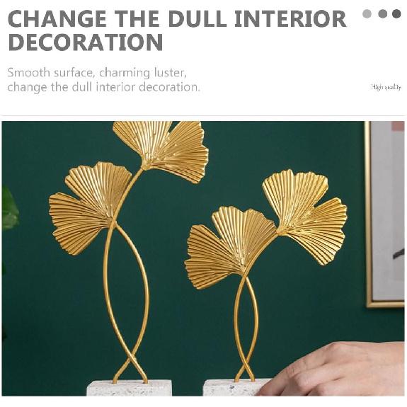 Cabilock 2 шт. Золотая статуэтка листа гинкго Золотая металлическая скульптура листа Металлическая железная скульптура листа Фигурка Настольное украшение для дома для спальни с деревянной основой