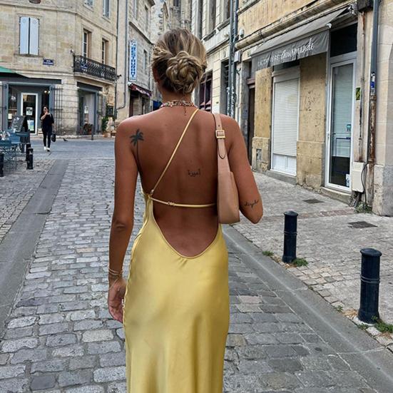 Женское сексуальное платье с наклонным воротником без рукавов с открытой спиной, длинное платье, однотонное дизайнерское вечернее платье с боковым разрезом