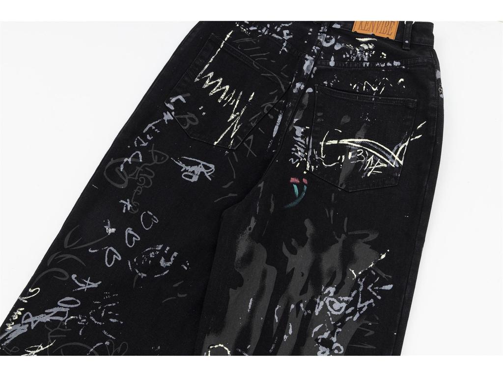 Unisex American Graffiti Print Wide-Leg Jeans - Niche Fashion