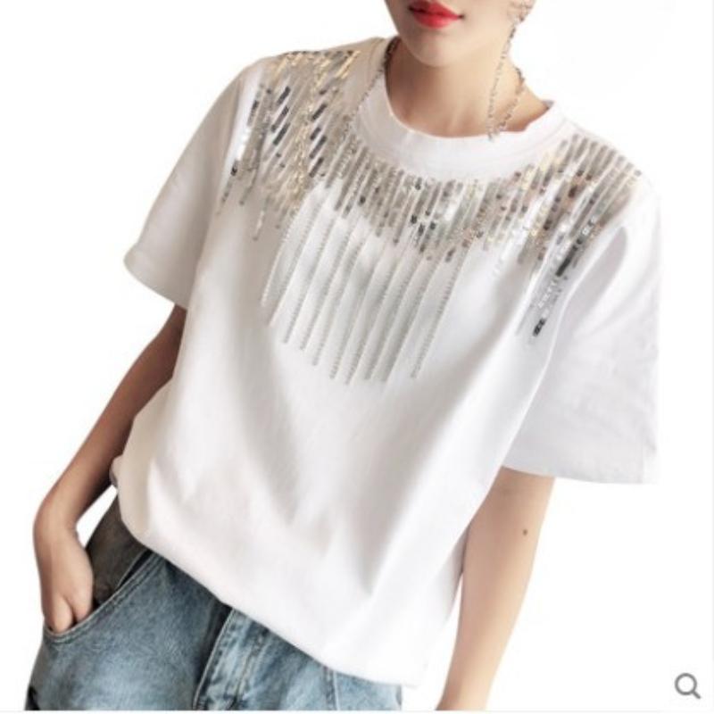 Ladies Heavy Industry Sequins Rhinestone Tassel T-shirt Short-sleeved Spring and Summer New Loose Net Red with The Same Half-sleeved