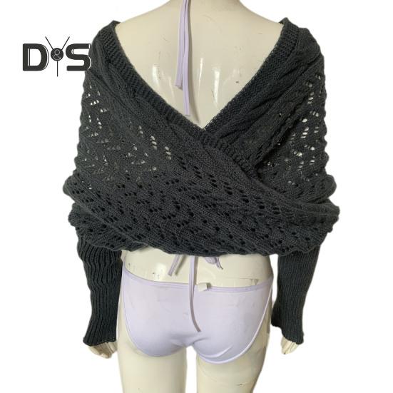 Knitted Cable Wrap Scarf with Sleeves Soft Bohemian Style Shawl Scarf Hollow Crochet Pattern Cross Wrap Scarf Sweater Wrap