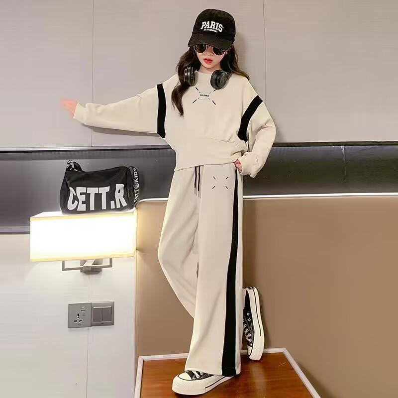 Костюм для девочки 4-12 лет, спортивный костюм на весну и осень, модный повседневный топ + широкие брюки, комплект из двух предметов