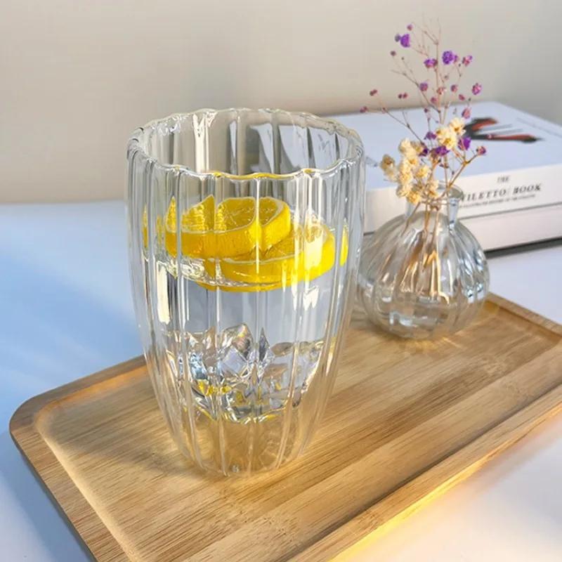 250/350/450 мл стеклянная кружка с полосками, с двойными стенками, из боросиликатного стекла, термостойкая, для чая, молока, сока, виски, эспрессо, кофе, кружка ручной работы