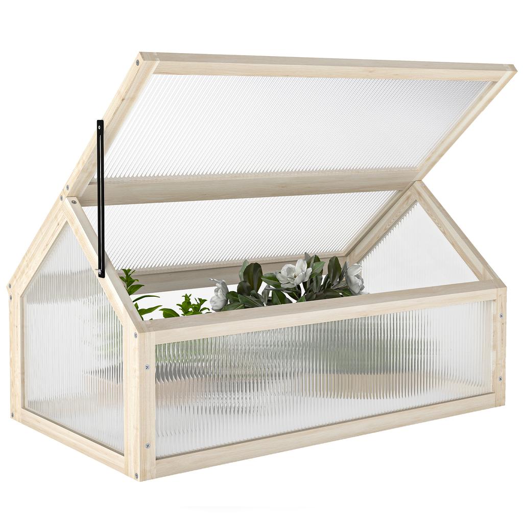 Wooden Cold Frame Garden Polycarbonate Greenhouse with Openable Top Cover, Grow House for Flowers, Vegetables, Plants, 90 x 52 x 50cm, Natural
