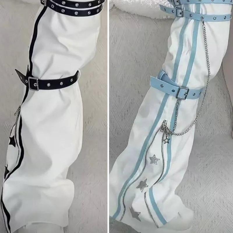 Women Harajuku Star Print Zippered Flared Leg Warmer Aesthetic Fashion Punk PU Harness Strap Leg Cover Thigh High Socks