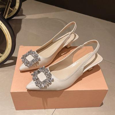 Новая женская обувь 2024 года, туфли-лодочки с острым носком, нежно-розового цвета, с бриллиантами, однотонные, с ремешком на пятке, модная женская обувь для платья, сандалии для вечеринки