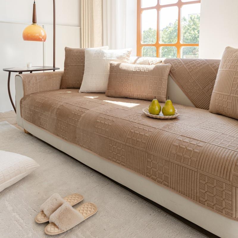 Nordic Simple Solid Color Modern Plush Sofa Cushion Four Seasons Universal Embroidery Non-Slip Seat Cushion Dutch Velvet Sofa Cover Towel