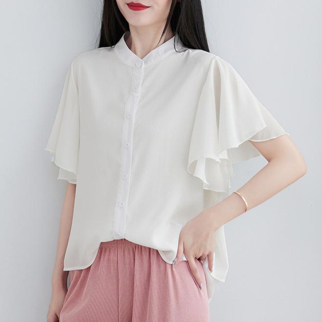 Literary Summer Loose Stand Collar Solid Color Short Sleeve Shirt Women's Fashion Flying Sleeve Blouse Top