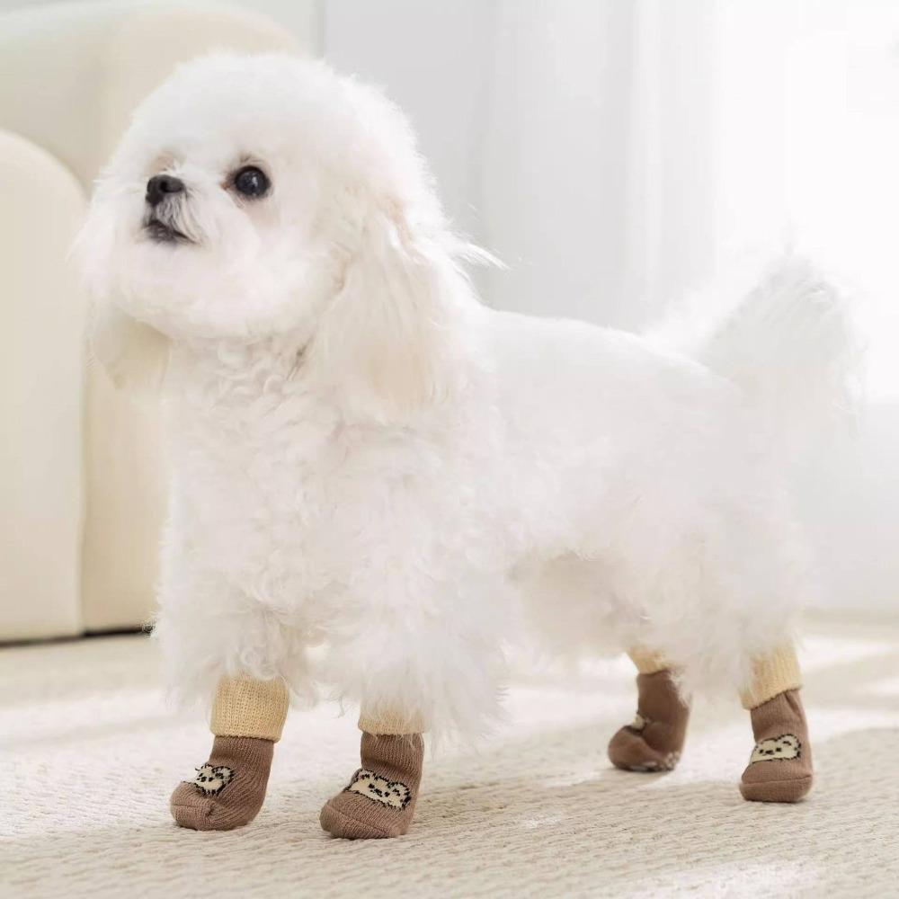 4pcs/set Elastic Puppy Warm Socks Cartoon Pattern Dog Paw Protectors Pet Footwear  Autumn Winter