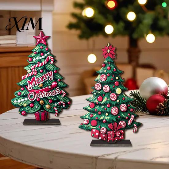 Unique Holiday Tree Ornaments 2D Wooden Christmas Tabletop Ornaments, Xmas Santa Colorful Room Snowman Sign with Stand, Party Decorations Festive