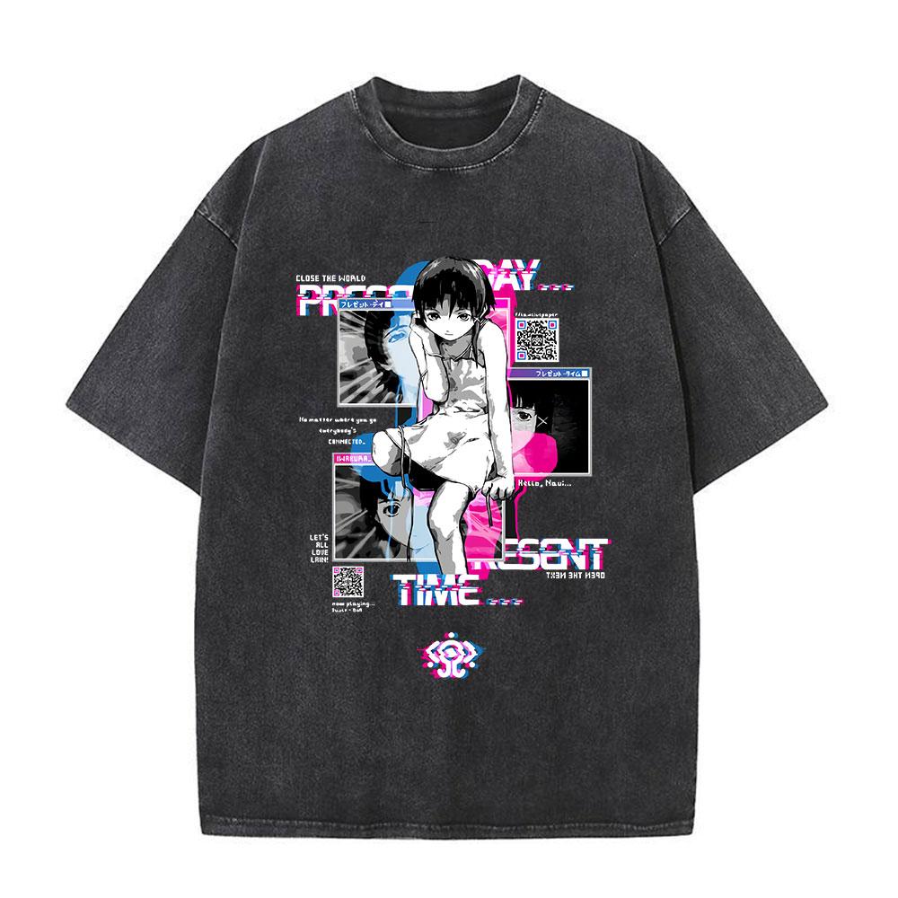 Serial Experiments Lain Anime Vintage Washed T-Shirt Manga Iwakura Girl Sci Fi Short Sleeve T-shirts 100% Cotton Casual T Shirt