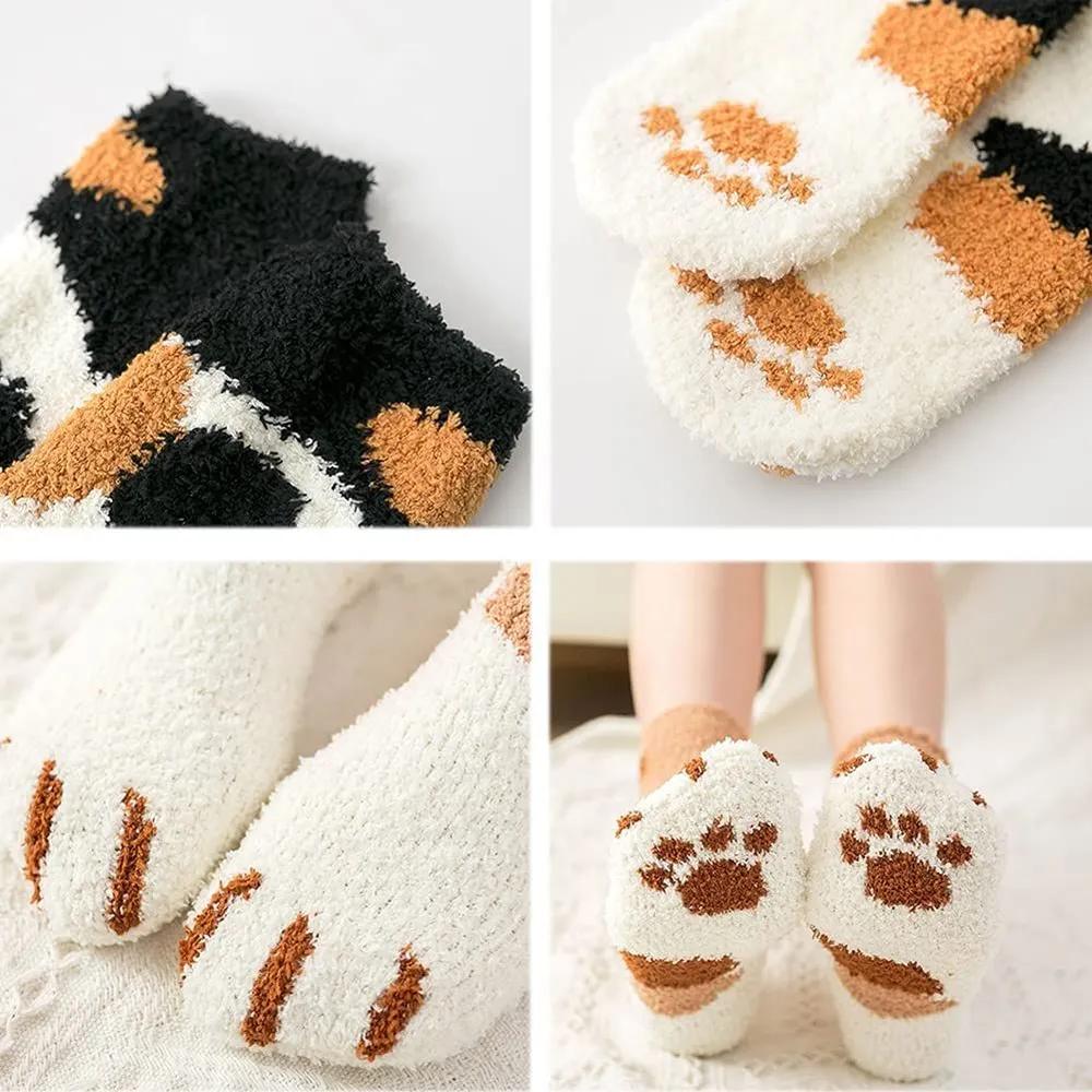 Women's Cute Cat Paw Socks Winter Thickened Coral Velvet Socks Soft Mid-calf Socks