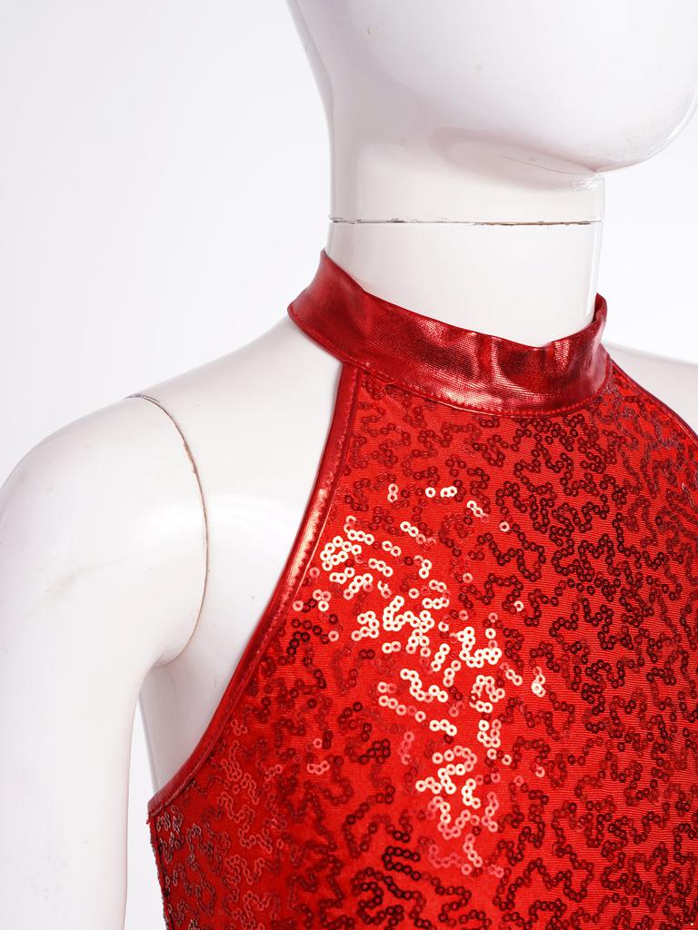 Girls Shiny Sequin Halter Crop Top Sleeveless Backless Design Cheerleading Jazz Dance Performance Top