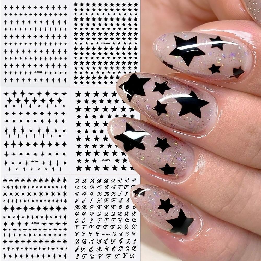 6Pcs Y2K Irregular Star Manicure Decals Gold Silver Color Letters Nail Decorations  Nail Supplies