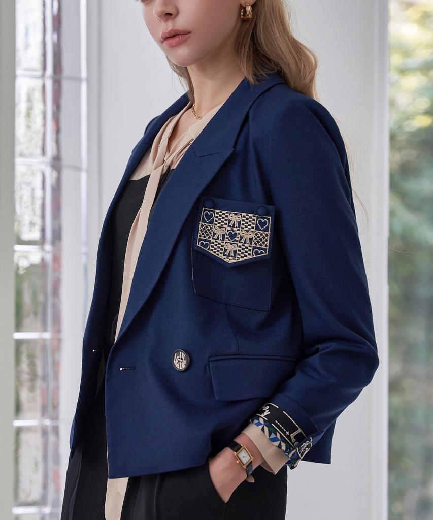 Lenic&Mccoy Ribbon Embroidered Out Pocket Roll-Up Contrast Double Jacket Mn04Jk205Hjy