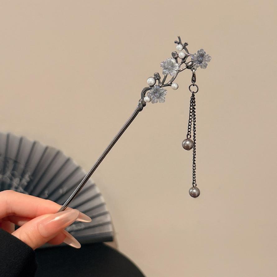 Classic Hair Stick Chopsticks Flower Metal Fringe Hairpin For Women Pearl Black Beads Cheongsam Hair Bun Hair Accessories