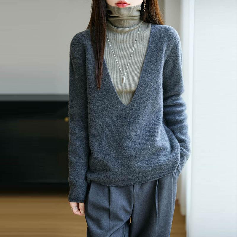 Ingot Needle Deep V-Neck Solid Color Wool Sweater Women'S Autumn And Winter New Loose Lazy Soft Waxy Pullover Sweater Knitted Sweater