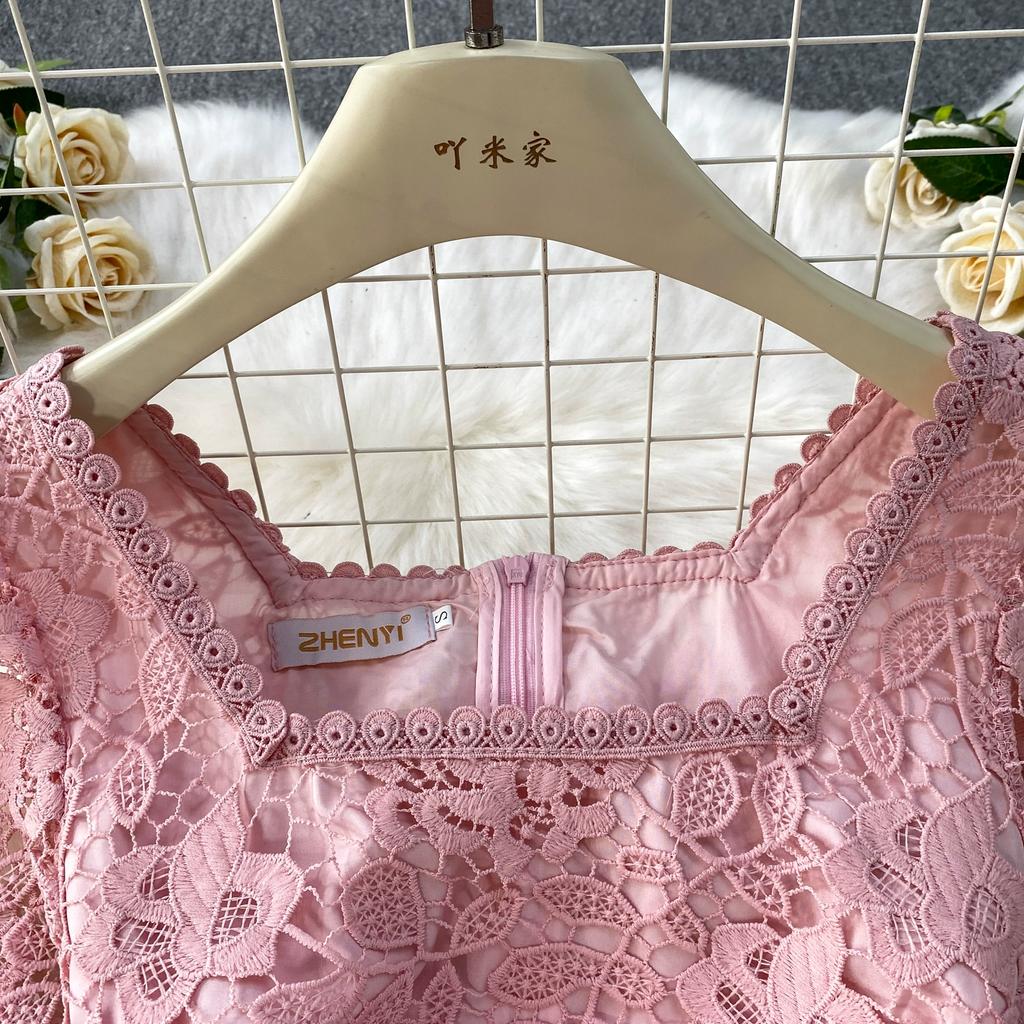 Summer Women Elegant Square Collar Embroidery Flower Lace Mesh Patchwork Long Maxi Slim Bodycon Party Dresses