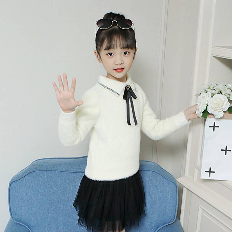 Норковый бархат для девочек, теплые свитера, нижняя рубашка, детская одежда с длинным рукавом, модная стильная одежда, зимняя одежда с галстуком-бабочкой, трикотажные наряды