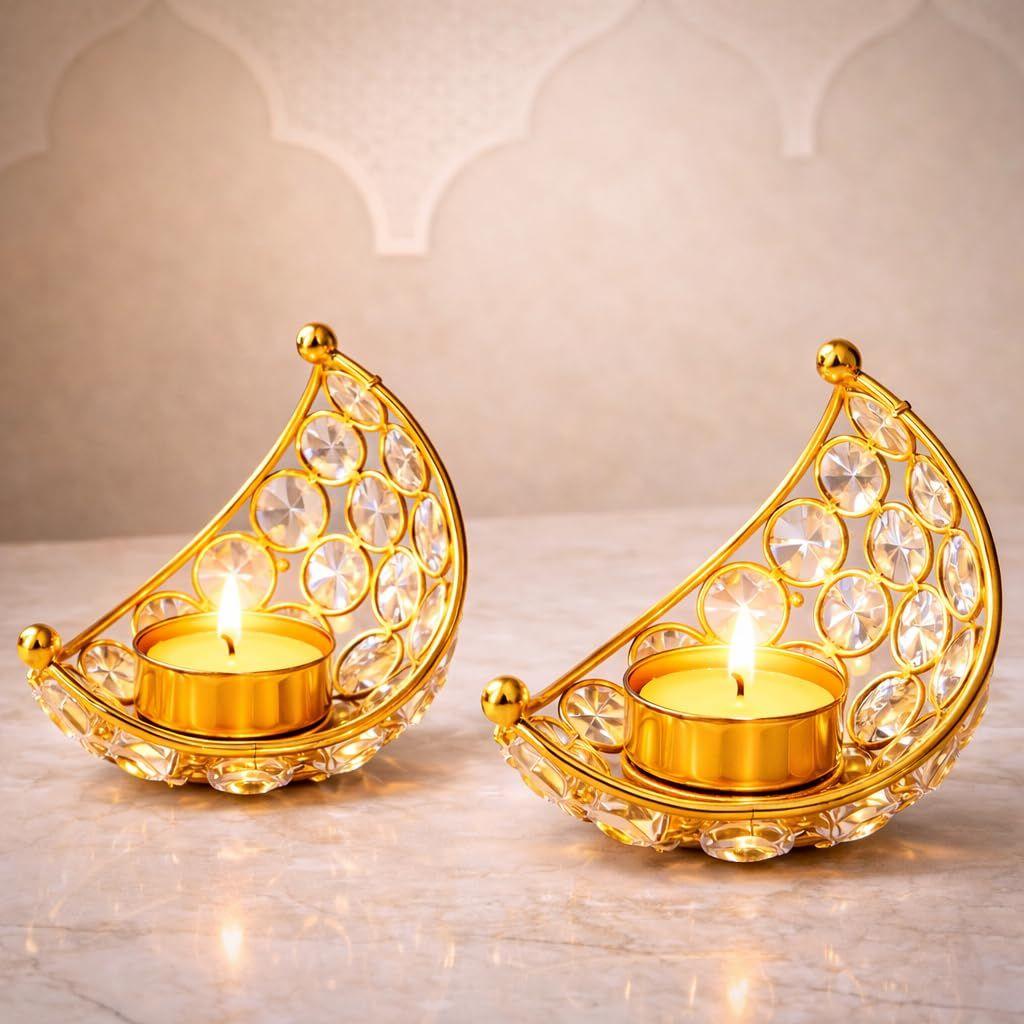 Candle Holder, Crystal Candle Holder, Metal Lanterns, Table Decoration for Wedding Party, Ramadan, Diwali Decoration (Pack of2))