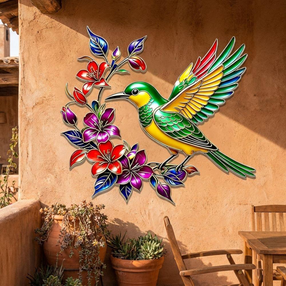 Weather Resistant Metal Hummingbird Art Decor Colorful Flower Iron Hanging Decor Yard Fence