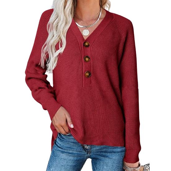 Женский вязаный свитер с V-образным вырезом, длинным рукавом, пуловеры, джемперы, топы, пуговицы, однотонные повседневные толстовки