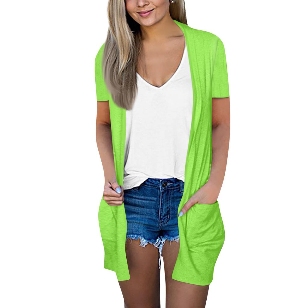 Women's Fashion Loose Casual Pocket Solid Color Cardigan Short Sleeve Jacket Top