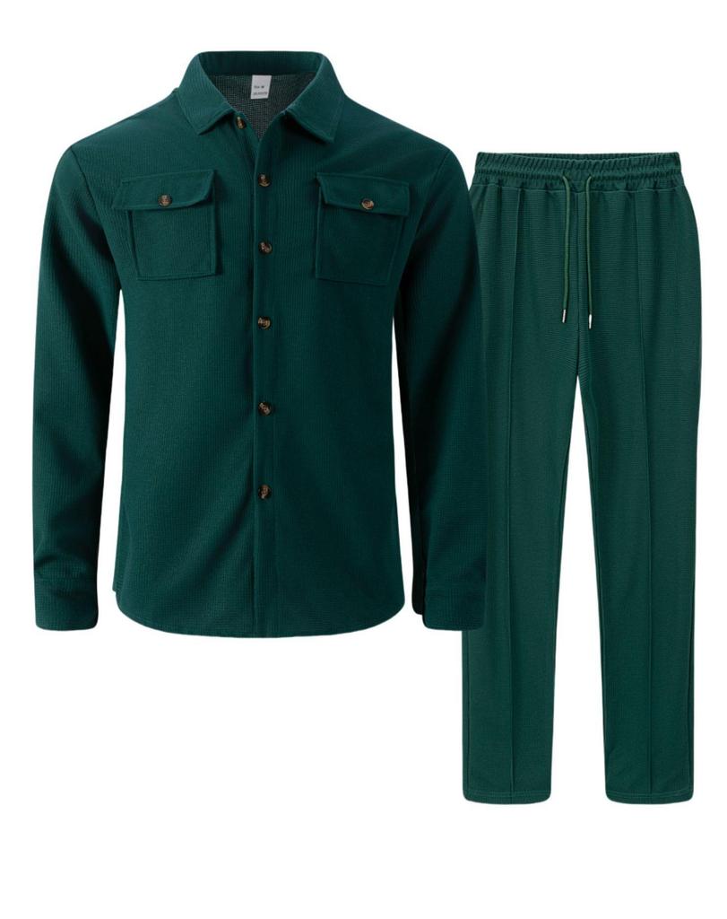 Осенний вафельный костюм-двойка: Кардиган с длинным рукавом и брюки с двойным карманом