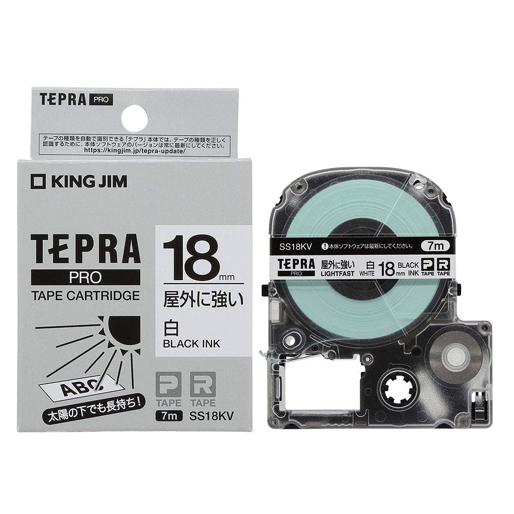Оригинальный картридж для ленты King Jim Tepra PRO, Этикетка для наружного использования, 18 мм, Белая этикетка/Черный текст, Длина 7 м, SS18KV